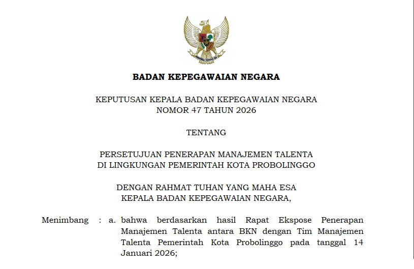 Pemerintah Kota Probolinggo Terima Persetujuan Penerapan Manajemen Talenta dari BKN