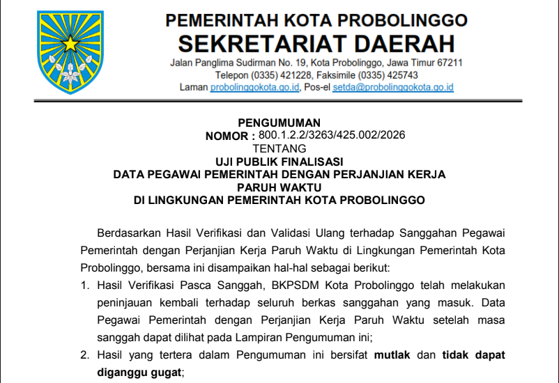 Uji Publik Finalisasi Data PPPK Paruh Waktu di Lingkungan Pemerintah Kota Probolinggo